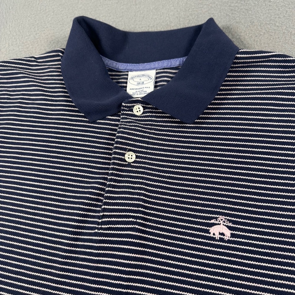 Brooks Brothers 1818 Performance Polo Mens Large Slim Fit Navy Stripe Cotton